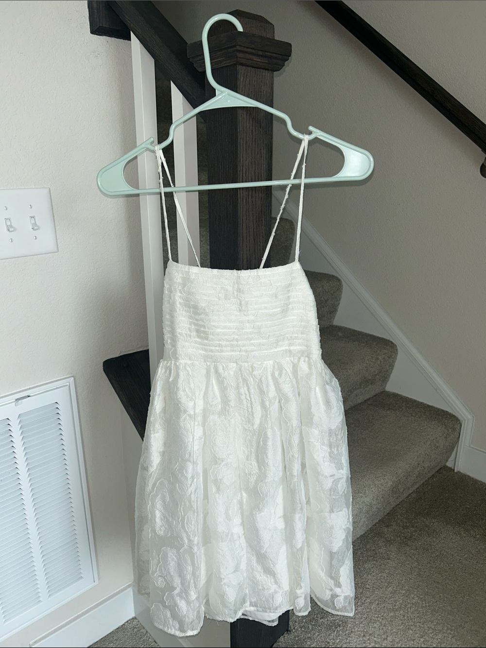 White Floral Textured Spaghetti Strap Dress